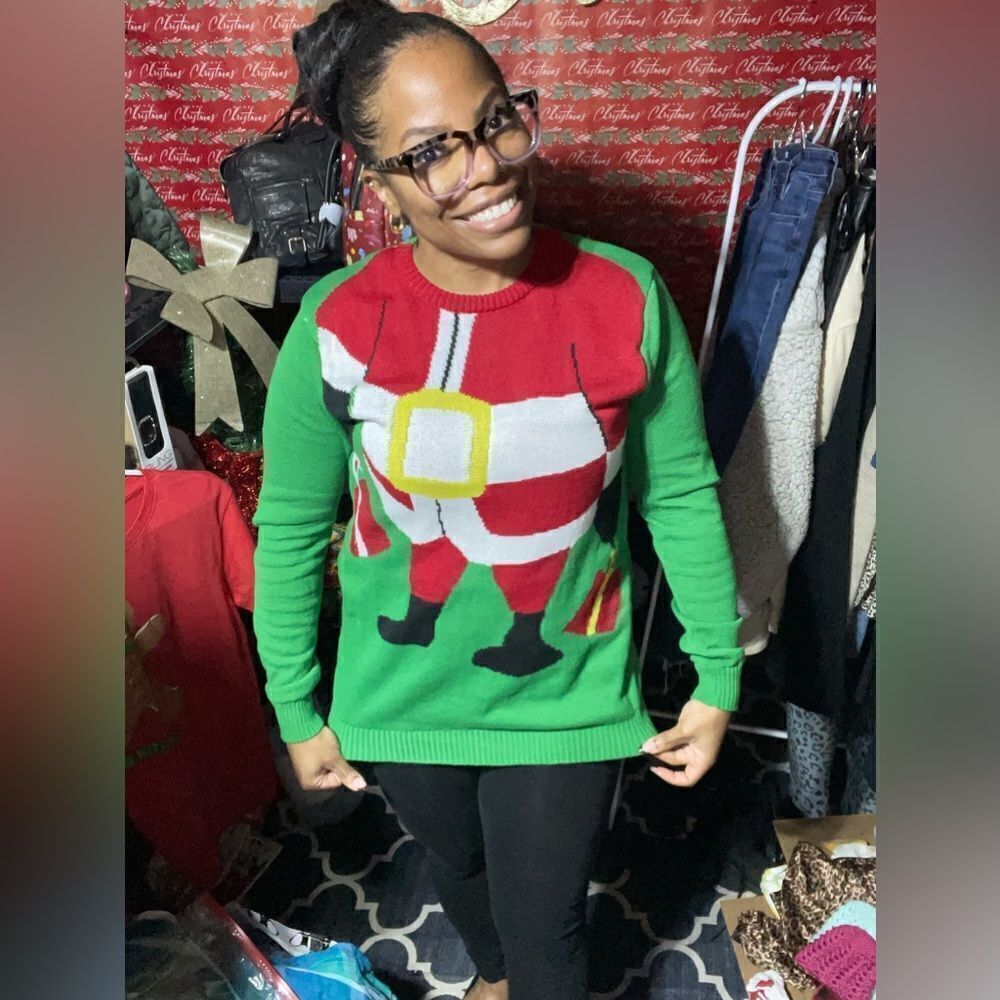 GMI Women’s Green Santa Ugly Christmas Holiday Crewneck Oversized Sweater L/XL